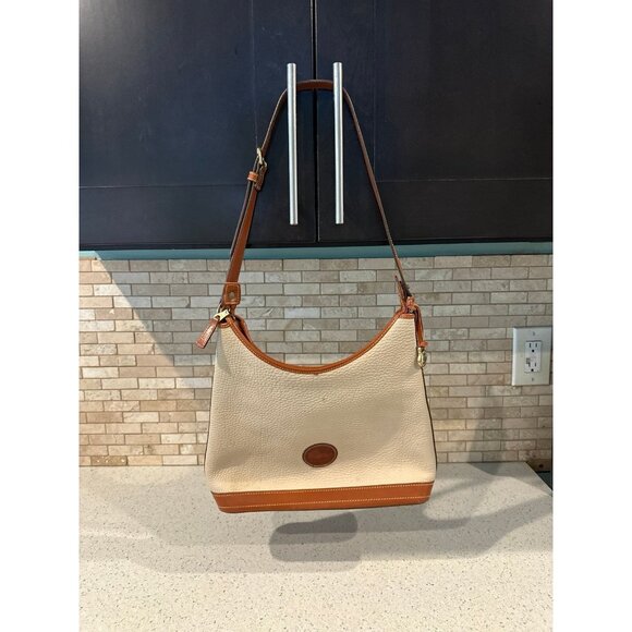 Dooney & Bourke Handbags - VTG Dooney & Bourke Ivory Brown Pebbled Leather Satchel Shoulder Bag Purse